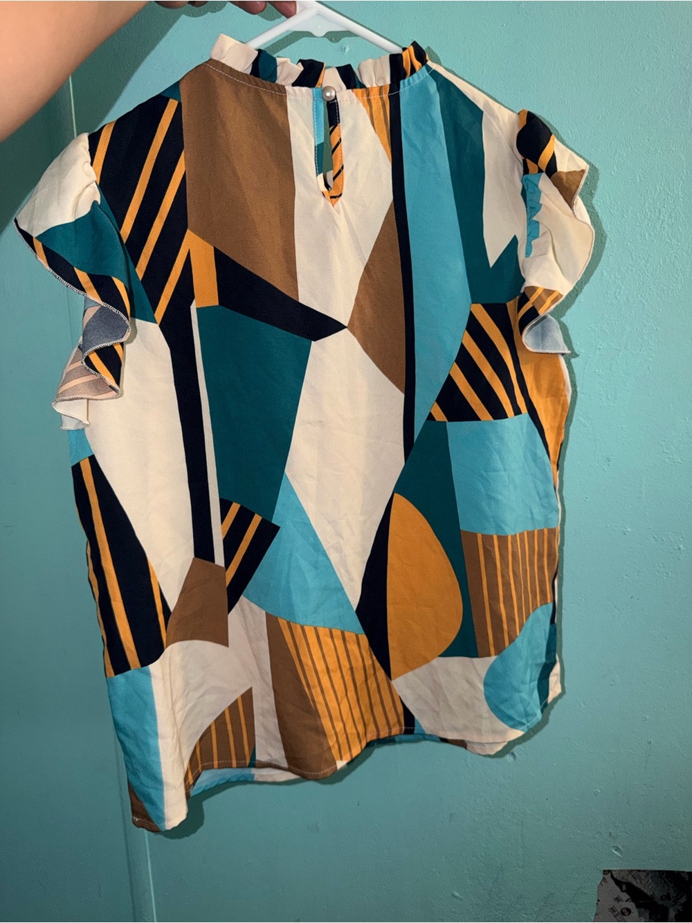 Geometric Print Flutter Sleeve Top in Teal, Mustard & White